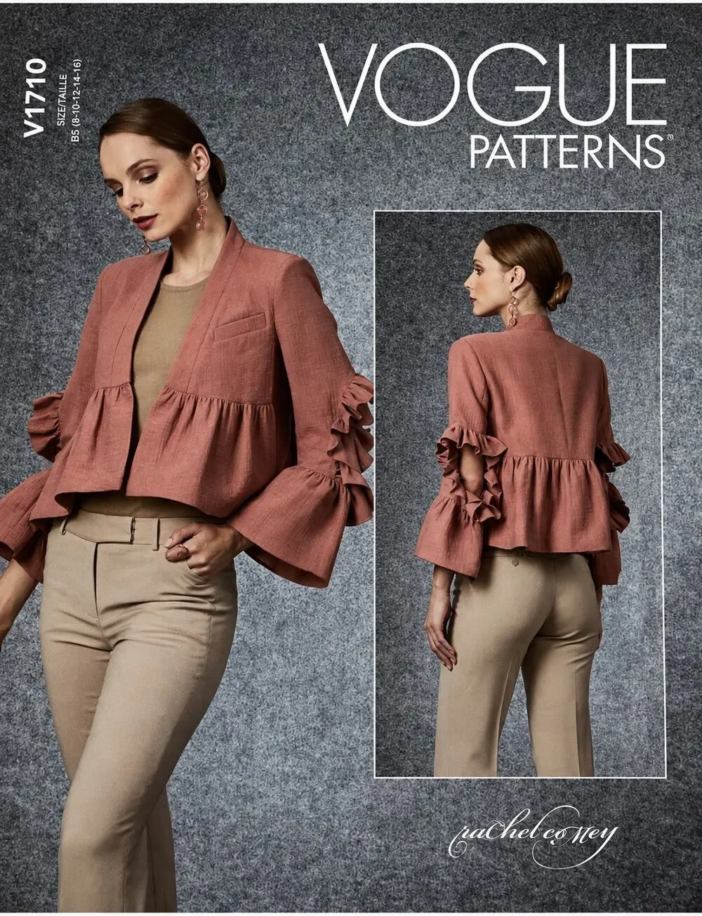 Vogue V1710 RACHEL COMEY Jacket w Sleeve Flounce, Cutout Elbows Sz 8-16 UNCUT